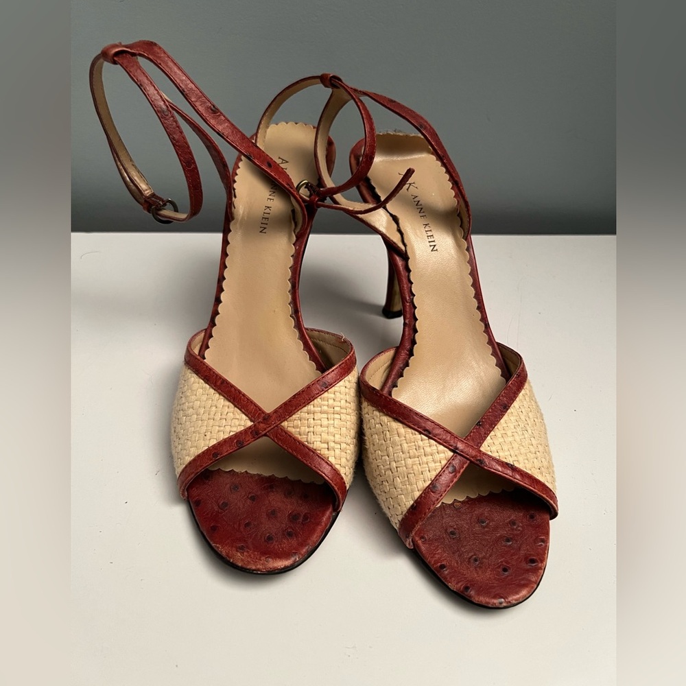 Summery open toed red with tan woven details leather ankle strap